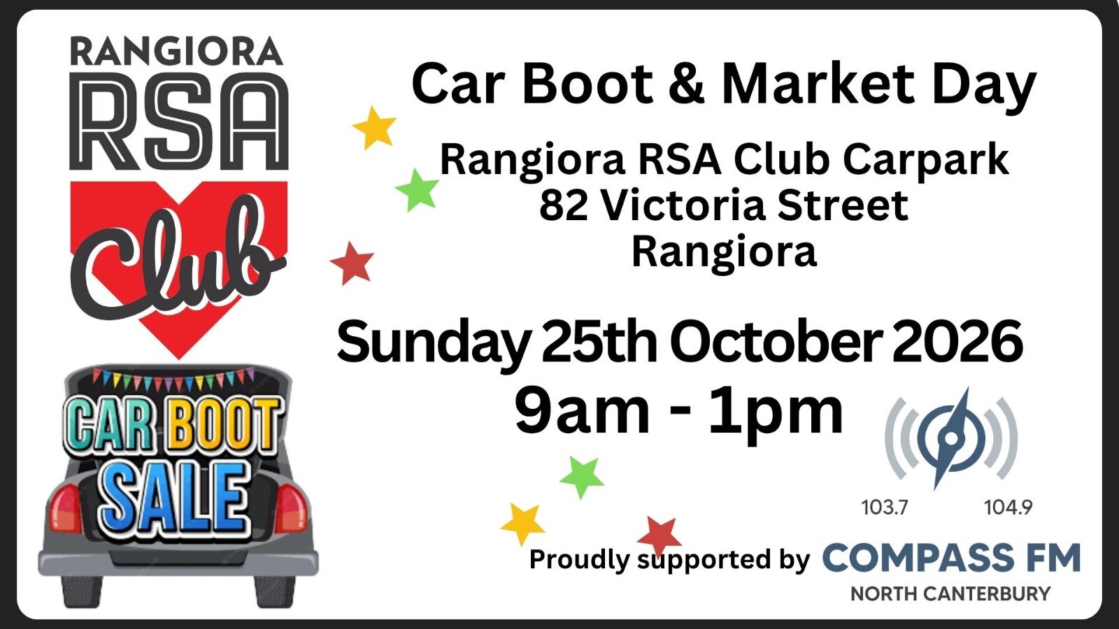Car Boot and Market Day, Sunday 25 October 2026, 9am to 1pm, Rangiora RSA Club carpark
