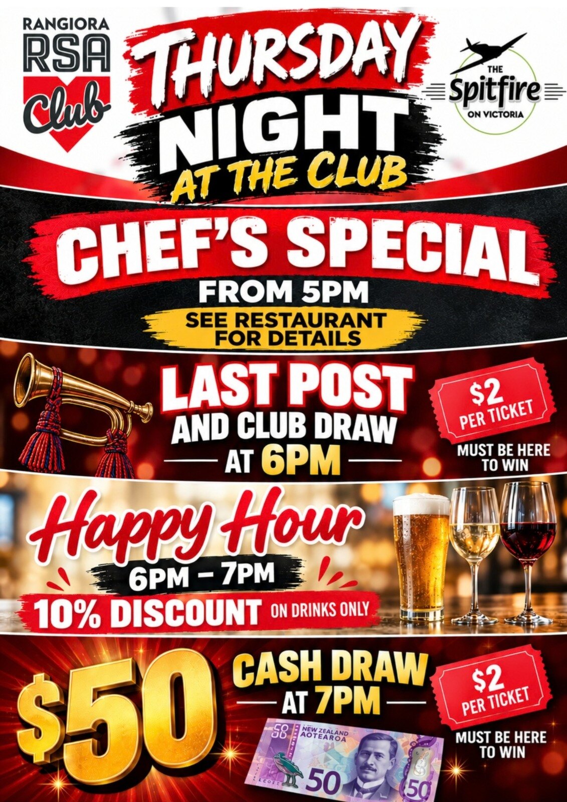 Thursday Night at the Club: Chef's Special from 5pm, Last Post and Club Draw 6pm, Happy Hour 6-7pm, $50 Cash Draw 7pm