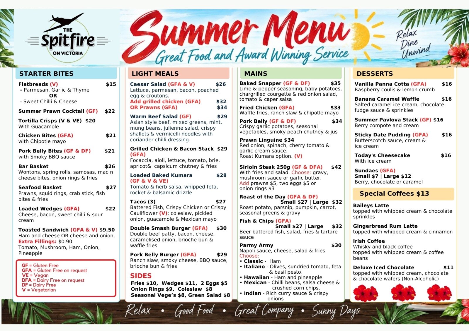 Spitfire on Victoria Summer Menu, page 1: Starter Bites, Light Meals, Mains, Desserts and Special Coffees