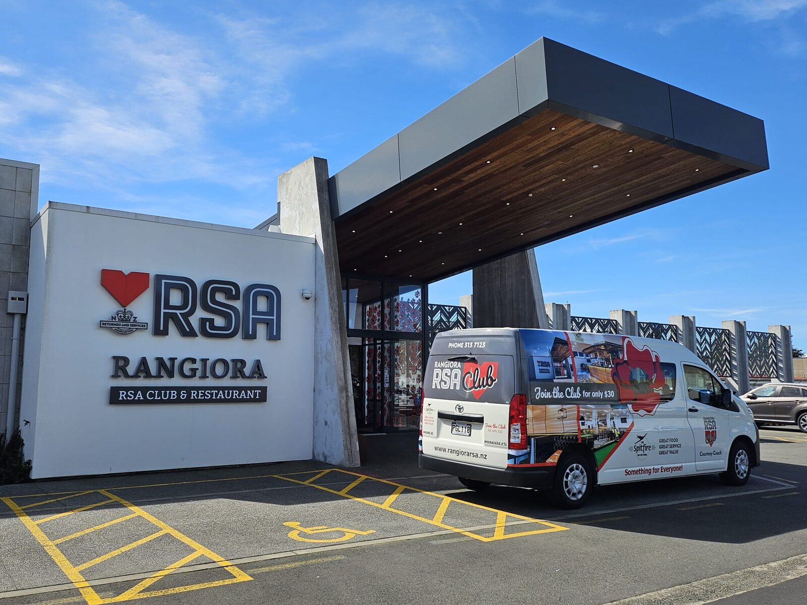 Rangiora RSA Club and Restaurant entrance with the courtesy van